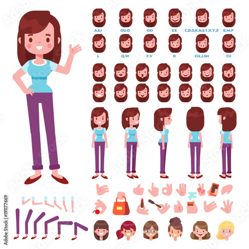 Flat Vector  Girl character for your scenes. Character creation set with various views, hairstyles, face emotions, lip sync and poses. Parts of body template for design work and animation.