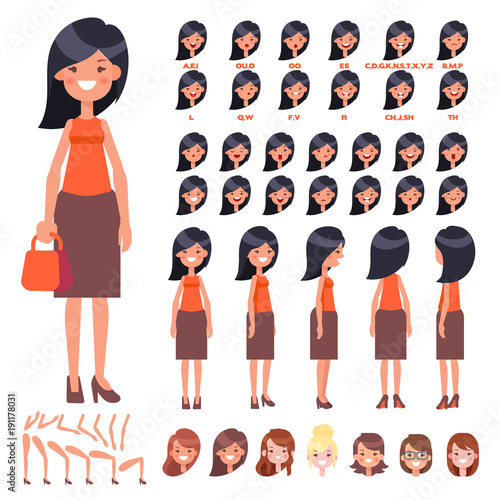 Front, side, back view animated character. Pretty young woman character creation set with various views, hairstyles, face emotions, poses. Cartoon style, flat vector illustration.