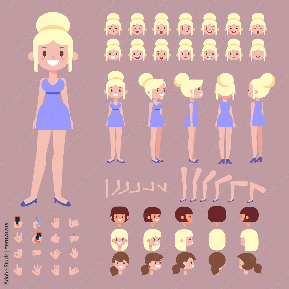 Front, side, back view animated character. Pretty young woman character creation set with various views, hairstyles, face emotions, poses. Cartoon style, flat vector illustration. Front, side, back view animated character. Pretty young woman character creation set with various views, hairstyles, face emotions, poses. Cartoon style, flat vector illustration.