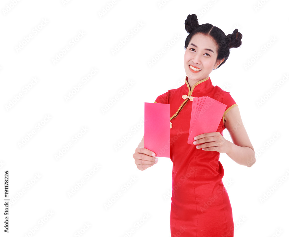 woman wearing cheongsam or qipao giving red envelopes in concept of happy chinese new year isolated on white background woman wearing cheongsam or qipao giving red envelopes in concept of happy chinese new year isolated on white background