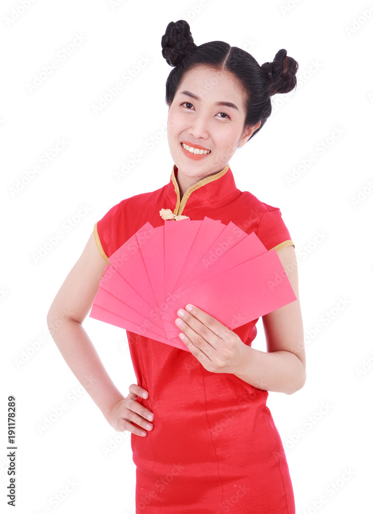 woman wear cheongsam and holding red envelope in concept of happy chinese new year isolated on white background woman wear cheongsam and holding red envelope in concept of happy chinese new year isolated on white background