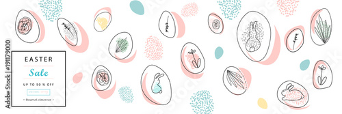 Creative unusual unique artistic hand drawn header Easter eggs pattern trendy background for advertising, social media, web design, etc. Vector Illustration
