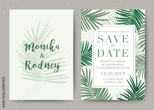 Set of Wedding Card template Background. For Invitation, menu, rave, thank you, Decoration with leaf & floral flower summer tropical watercolor style. Vector illustration..