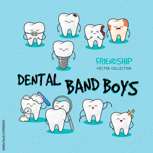 Happy teeth funny card. Cute tooth characters.