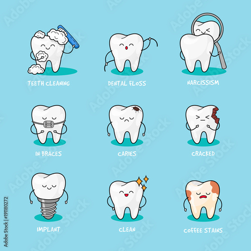 Happy teeth set. Cute tooth characters. Dental personage vector illustration.