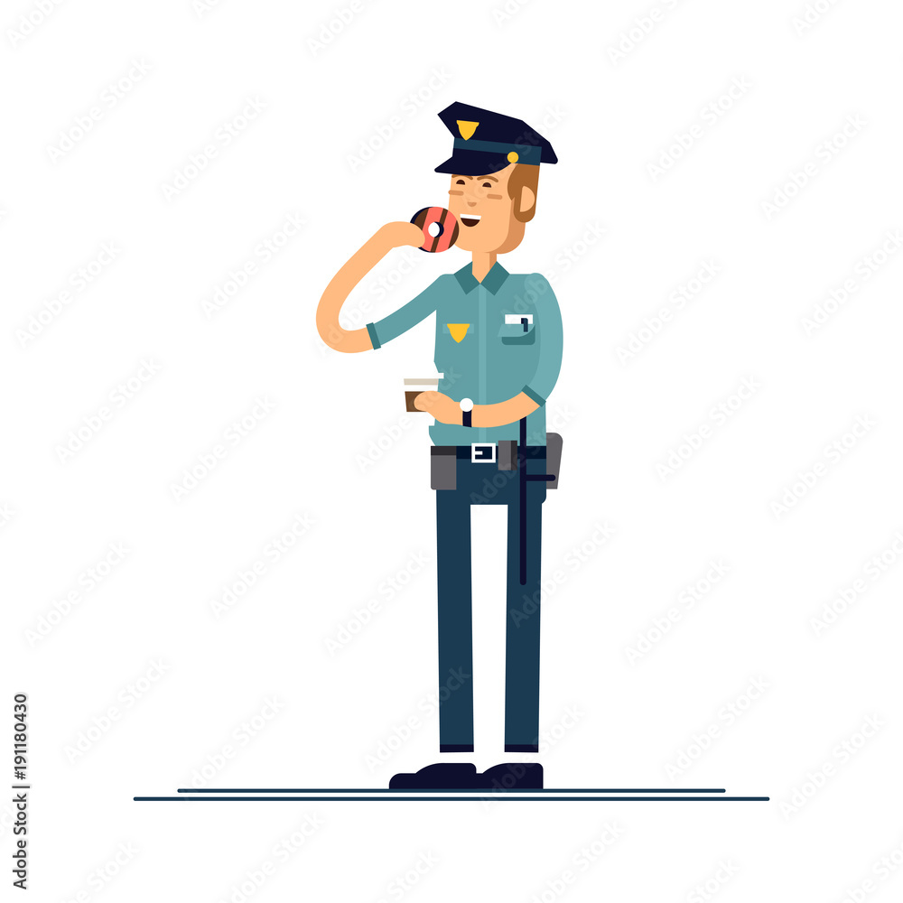 Vector illustration set male policeman character. A policeman in uniform is standing and eating a donut . Public safety officer characters isolated on white background.