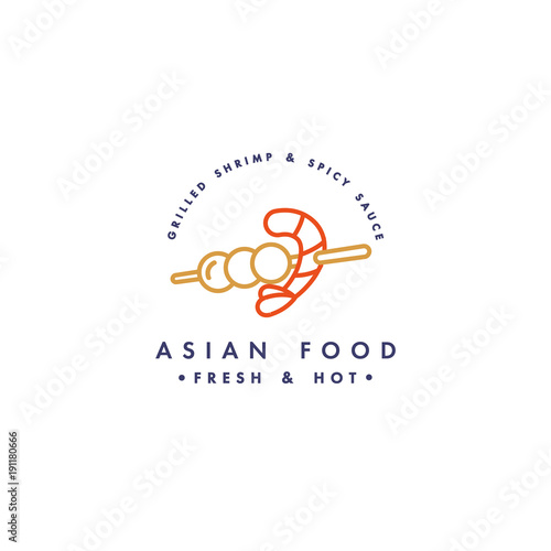 Vector logo design template and emblem or badge. Asian food - asain kebab with shrimp. Linear logos, gold and red color.