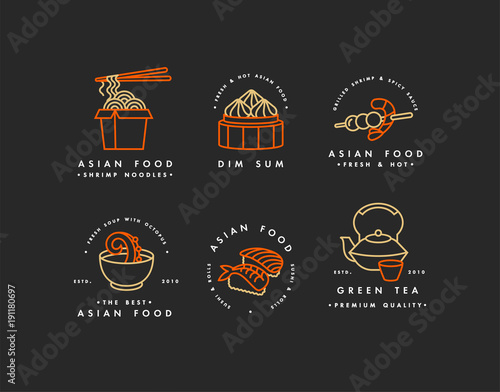 Vector set of logo design templates and emblems or badges. Asian food - noodles, dim sum, soup, sushi. Linear logos, golden and red.