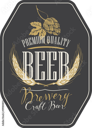 Template beer label with wheat ears, hops and handwritten inscriptions in figured frame. Vector label for craft beer in retro style