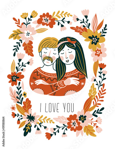 Hand drawn vector love card with couple and flowers for Valentine's day. Stylish background for romantic card. Isolated on the white background.