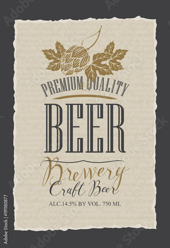 Template beer label with malt hops and a handwritten inscription. Vector label for craft beer on the background of the manuscript with ragged edges in retro style