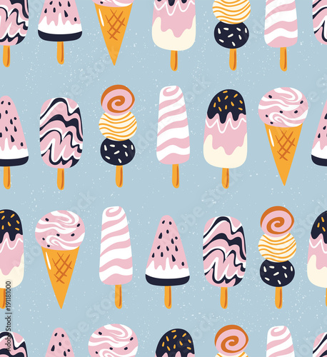 Hand drawn yummy seamless pattern with ice creams. Stylish summer design.