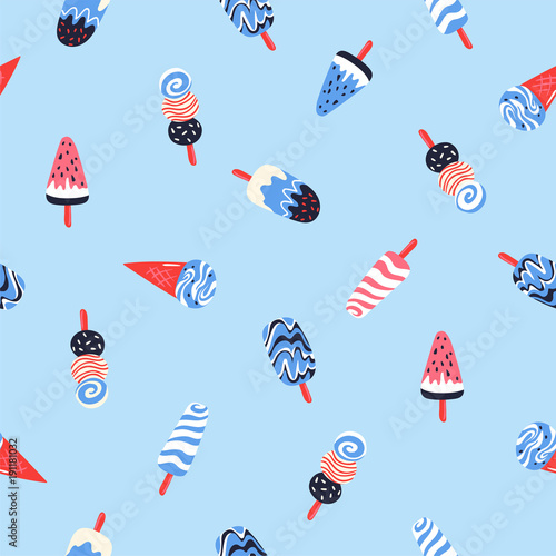 Hand drawn yummy seamless pattern with ice creams. Stylish summer design.