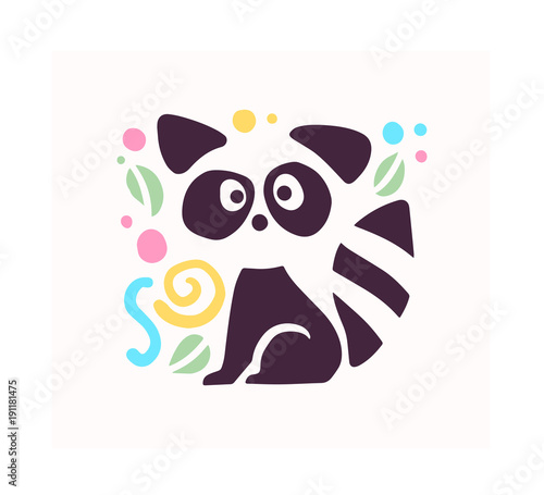 Vector flat cute funny hand drawn raccoon animal silhouette isolated on white background. Perfect for children goods store logo insignia, kid clothes and accessory prints, zoo logotype etc.