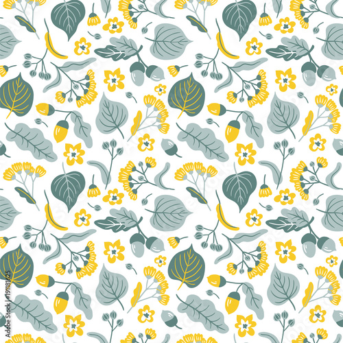 Vector floral seamless pattern with linden flowers. Hand drawn eco design for fabric and wrap paper.
