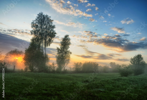 spring morning. a misty dawn in a picturesque meadow. Sun rays © sergnester