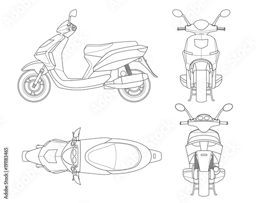 Trendy scooter outline isolated on white background. Isolated Motorbike template for moped, motorbike branding and advertising photo