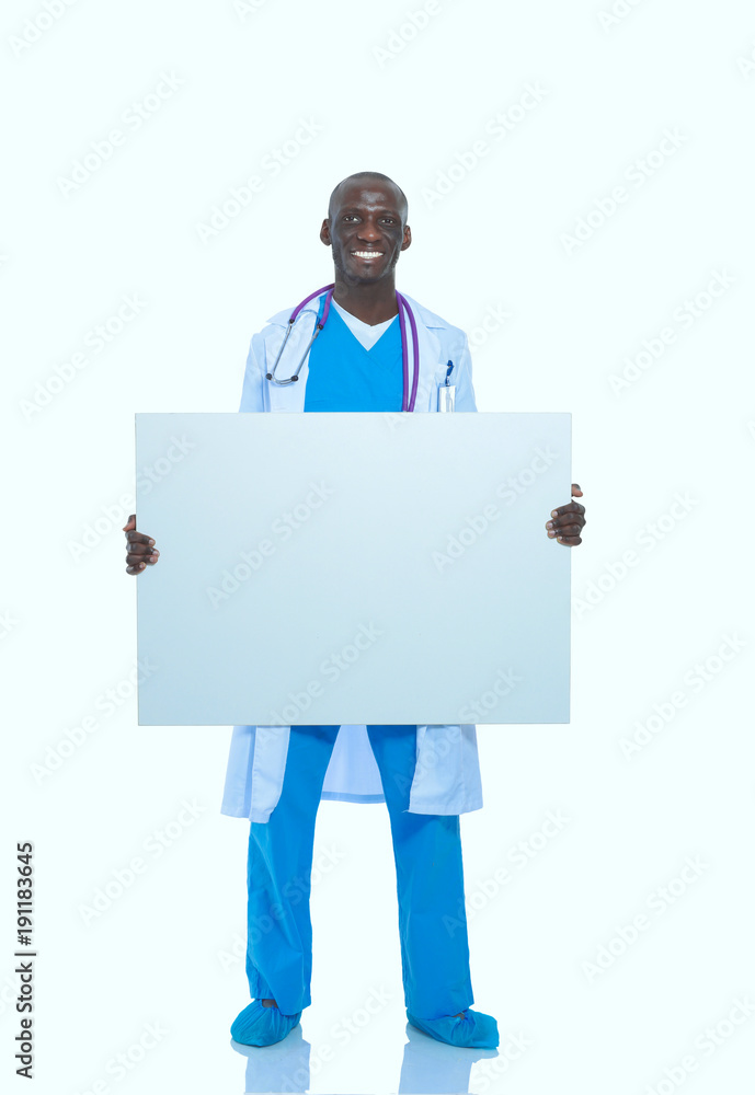Male doctor holding empty placard. Doctor. Billboard Male doctor holding empty placard. Doctor. Billboard