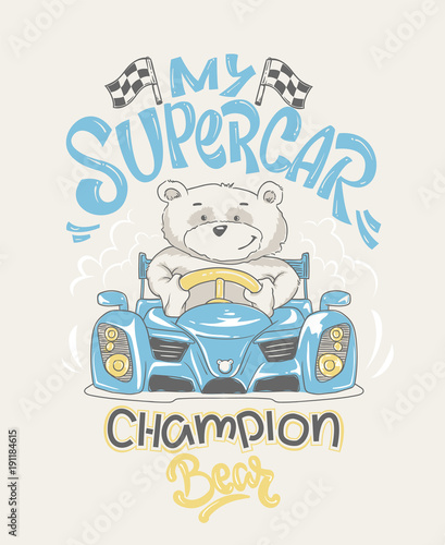 Cool bear driving a car cartoon vector illustration racer t-shirt print.