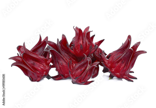 Roselle Hibiscus sabdariffa red fruit flower isolate on white background.
