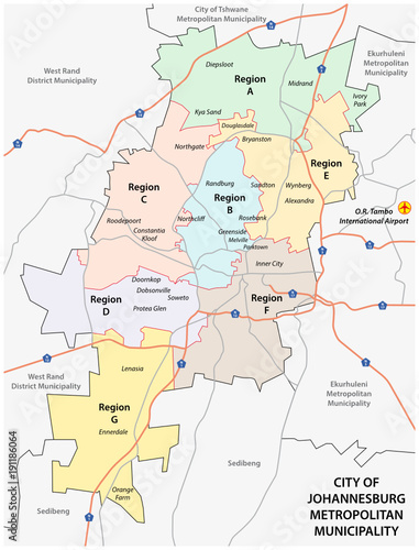 City of Johannesburg Metropolitan Municipality road, administrative and political map photo