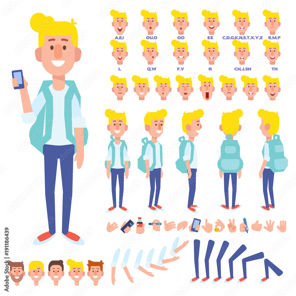 Fototapeta premium Front, side, back view animated character. Male Student character creation set with various views, hairstyles, face emotions, poses and gestures. Cartoon style, flat vector illustration.