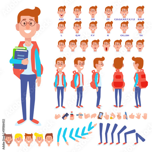 Front, side, back view animated character. Male Student character creation set with various views, hairstyles, face emotions, poses and gestures. Cartoon style, flat vector illustration.