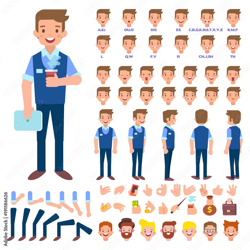 Vector manager character for your scenes. Character creation set with various views, hairstyles, face emotions, lip sync, poses and gestures. Parts of body template for animation and design. Vector manager character for your scenes. Character creation set with various views, hairstyles, face emotions, lip sync, poses and gestures. Parts of body template for animation and design.