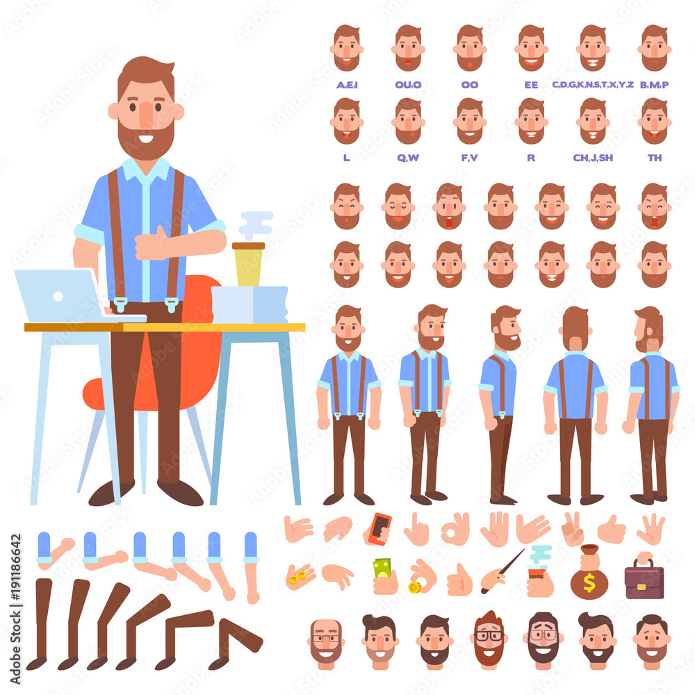  Flat Vector Guy character for your scenes. Character creation set with various views, face emotions, lip sync and poses. Parts of body template for design work and animation.