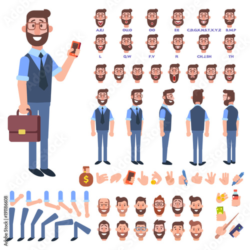  Front, side, back view animated character. Business man character creation set with various views, hairstyles, face emotions, poses and gestures. Cartoon style, flat vector illustration.