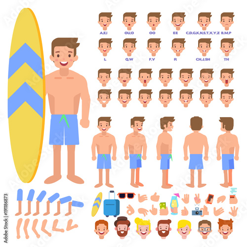 Front, side, back view animated character. Young guy with surfboard creation set with various views, hairstyles, face emotions, poses and gestures. Cartoon style, flat vector illustration.