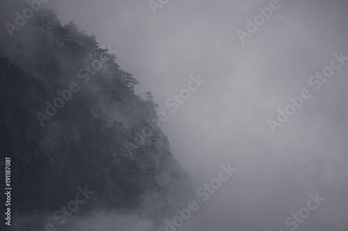 Heavy fog engulfing the rugged cliffs of the Cerna Mountains and their pine forests