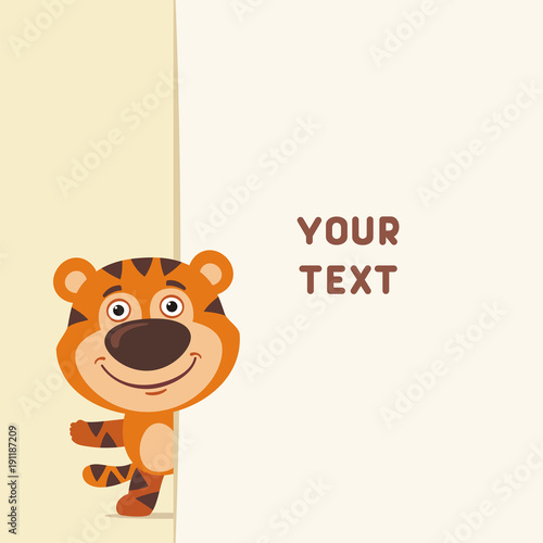 Fototapeta Naklejka Na Ścianę i Meble -  Funny tiger looks out over the fields to text. Template with tiger for cards, invitations or greetings