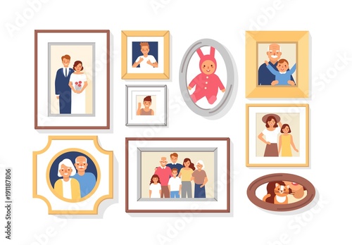 Collection of photos of family members or relatives and events in frames. Bundle of framed wall pictures or photographs with smiling people depicted on them. Colorful cartoon vector illustration.