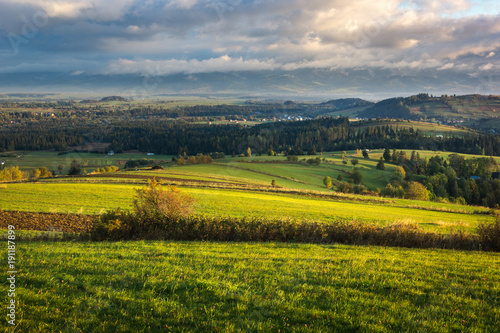 Landscape with trees and meadow at autumn from Czarna Gora in Tatra mountains, Poland