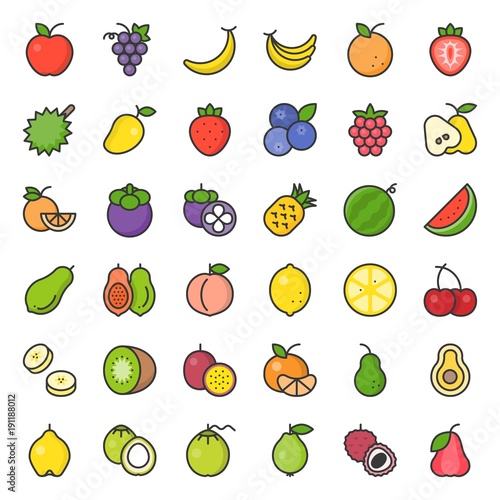 Cute fruit filled outline icon set, such as orange, kiwi, coconut, banana, papaya, peach, tropical fruits