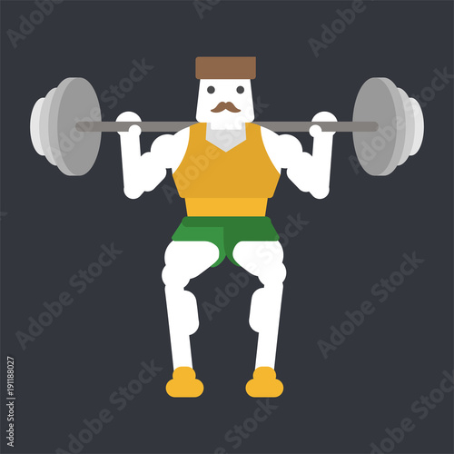 Young man squatting with barbell doing sport exercises in gym cartoon. Flat style.