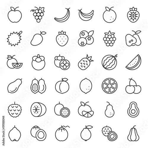 Cute fruit outline icon set, such as orange, kiwi, coconut, banana, papaya, peach, tropical fruits