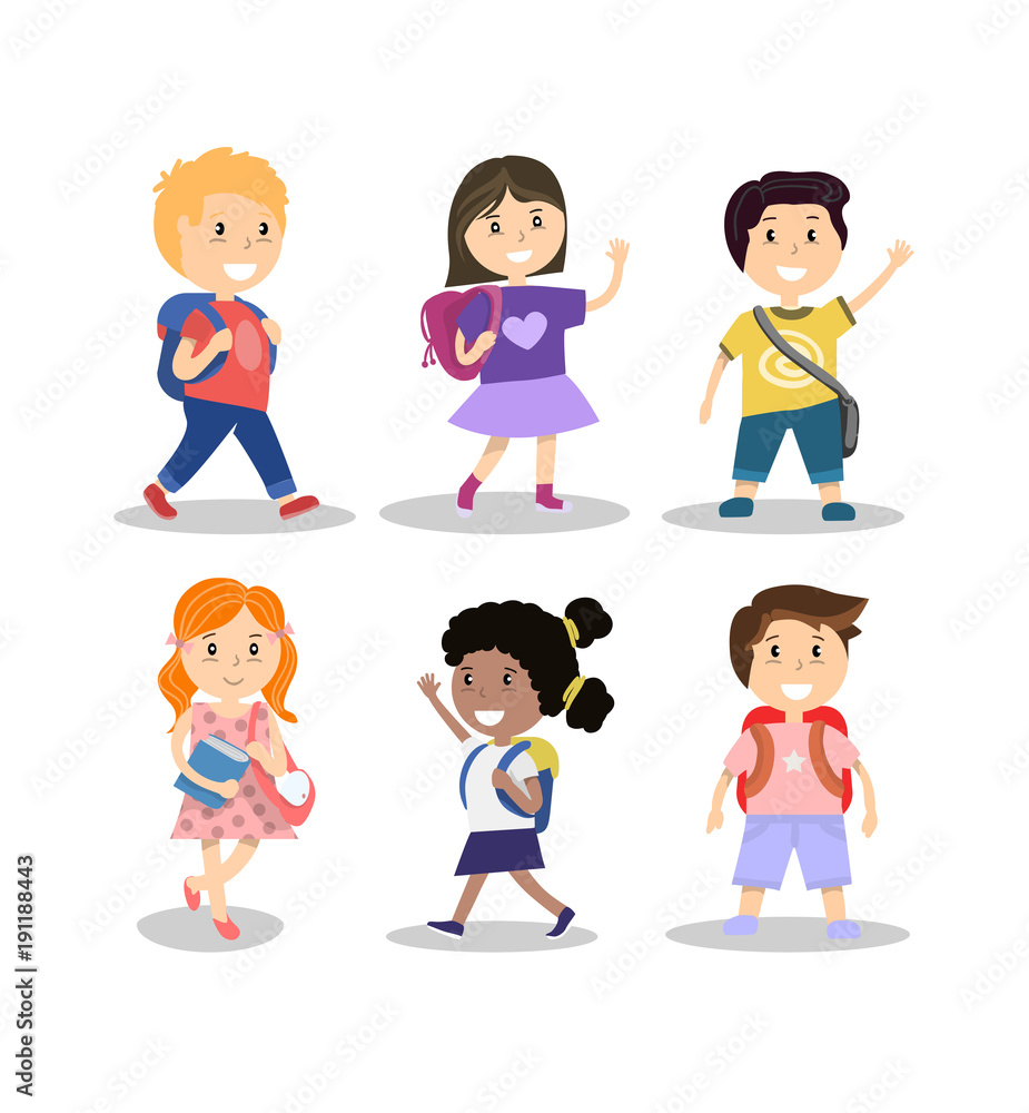 Set of cute smiling school children with backpacks, vector illustration Set of cute smiling school children with backpacks, vector illustration