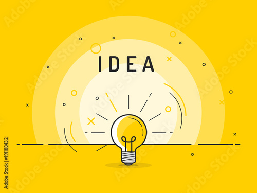 Light bulb with rays shine. Idea symbol.Trendy flat vector on yellow background. Vector Illustration.
