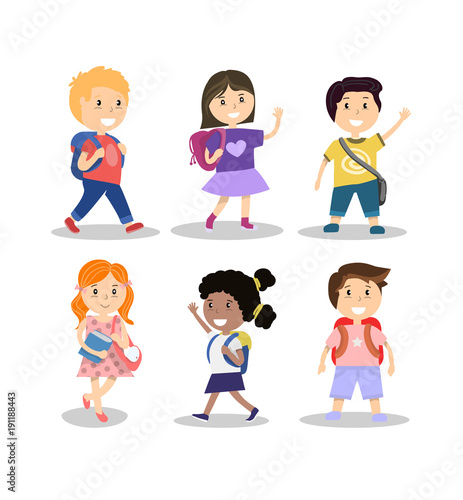 Set of cute smiling school children with backpacks, vector illustration