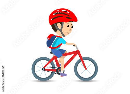 Teen kid school boy cycling on bicycle wearing backpack and helmet, vector illustration