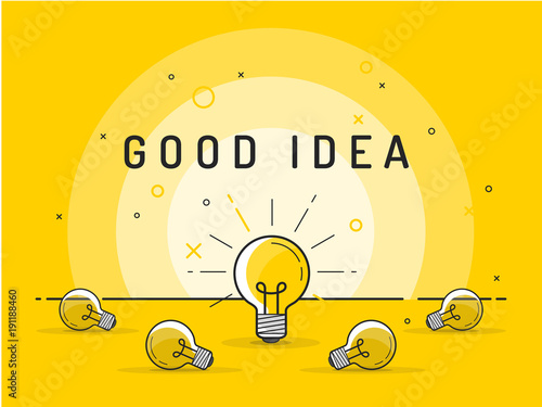 Good idea. Set of laying light bulbs with one hanging and glowing. Trendy flat vector light bulb icons with concept of idea on yellow background. 