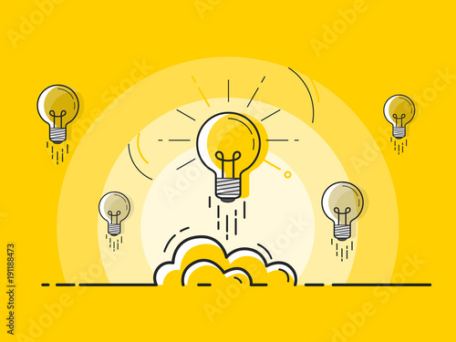 Set of light bulbs rocket launch with one glowing. Trendy flat vector light bulb icons with concept of idea on yellow background. 