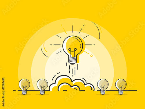 Set of standing light bulbs with one glowing rocket launch. Trendy flat vector light bulb icons with concept of idea on white background. 