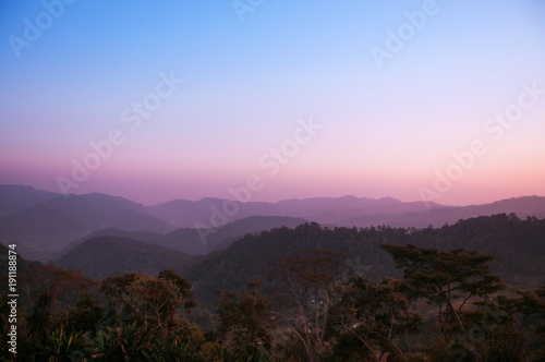 Morning sunrise sky forest and mountain in Mon Cham, Chiang Mai, Thailand
