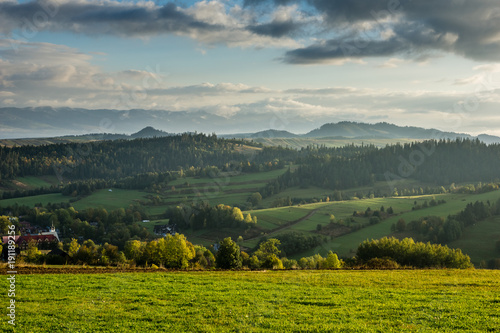Landscape with trees and meadow at autumn from Czarna Gora in Tatra mountains, Poland