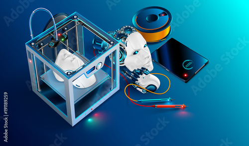 3d printing workshop. 3d printer printed Robot head. Robot parts manufacturing with additive technology. 3d printing equipment, plastic filament, and tools used in engineering and prototyping industry