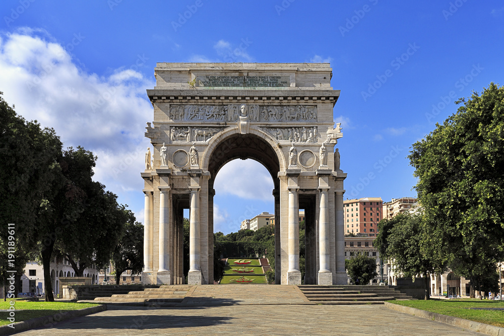 Genoa, Liguria / Italy - 2012/07/06: Arch of the Victory on the Victory Square