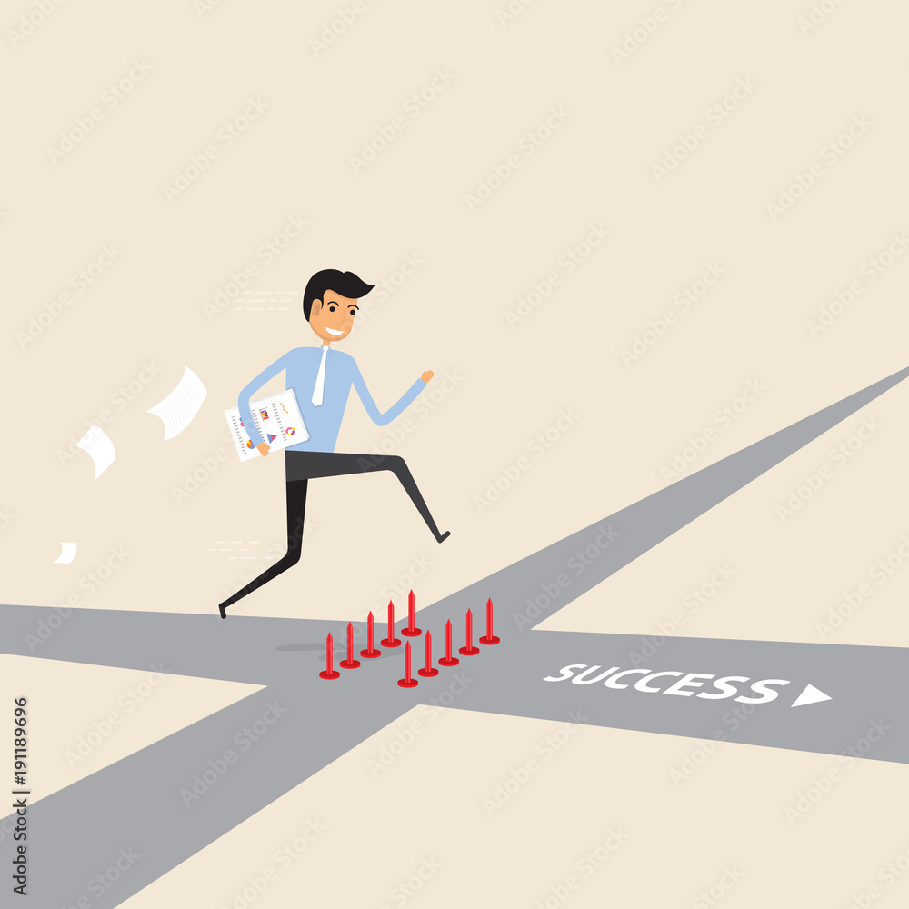 Businessman walking on the street of success with red spike sign.Way of success.Concept for success.Businessman on the road to success in business.Business vector concept illustration Businessman walking on the street of success with red spike sign.Way of success.Concept for success.Businessman on the road to success in business.Business vector concept illustration